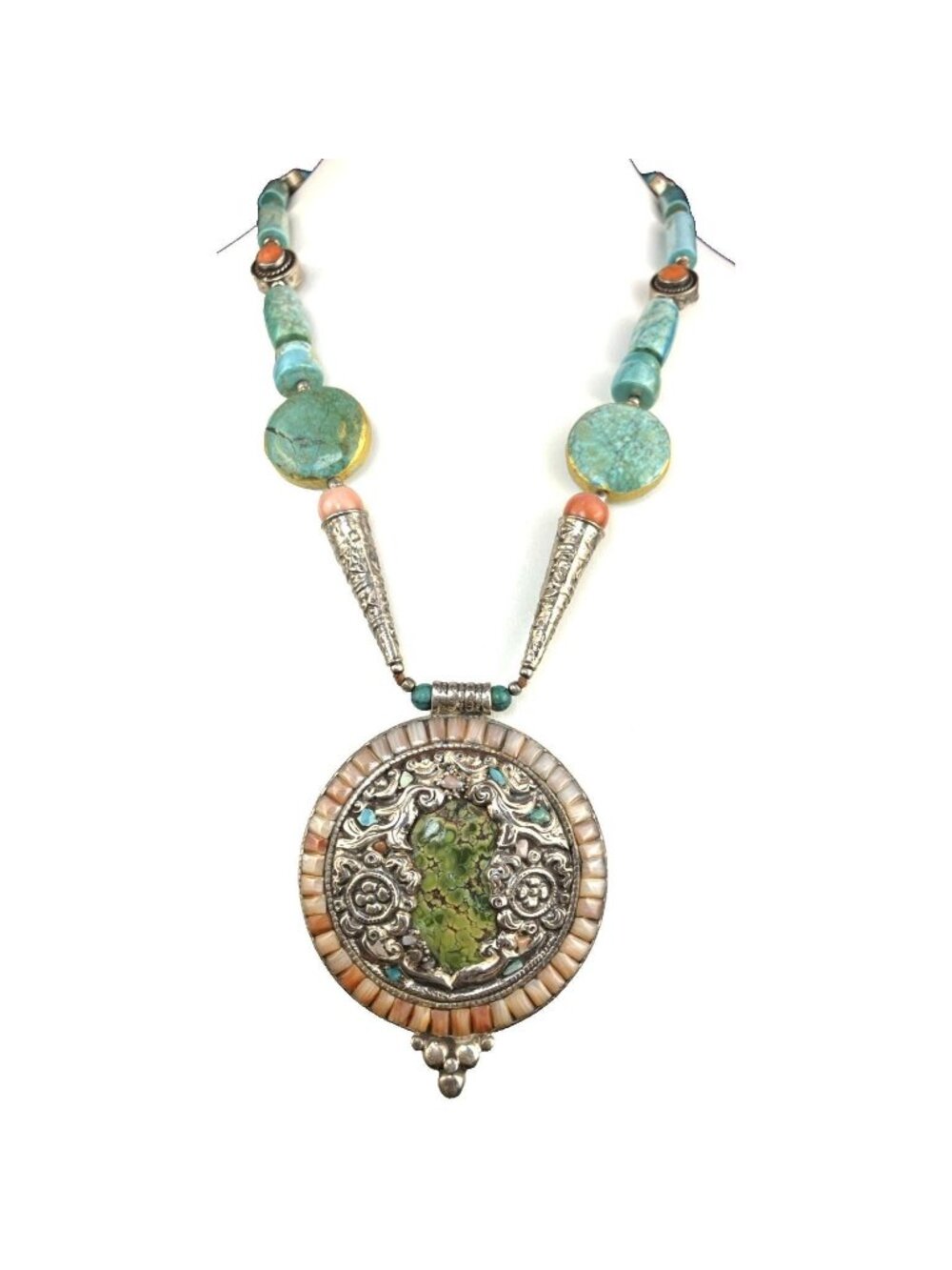 Handmade Artisan Studio Turquoise Sterling Silver Necklace 925 Tibet Medallion R